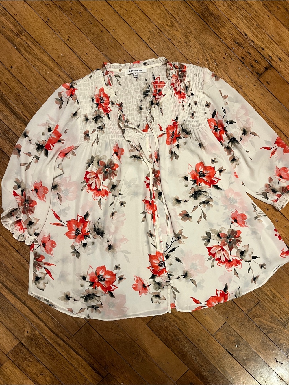 Rose & Olive White Blouse with Red/Coral Floral Print